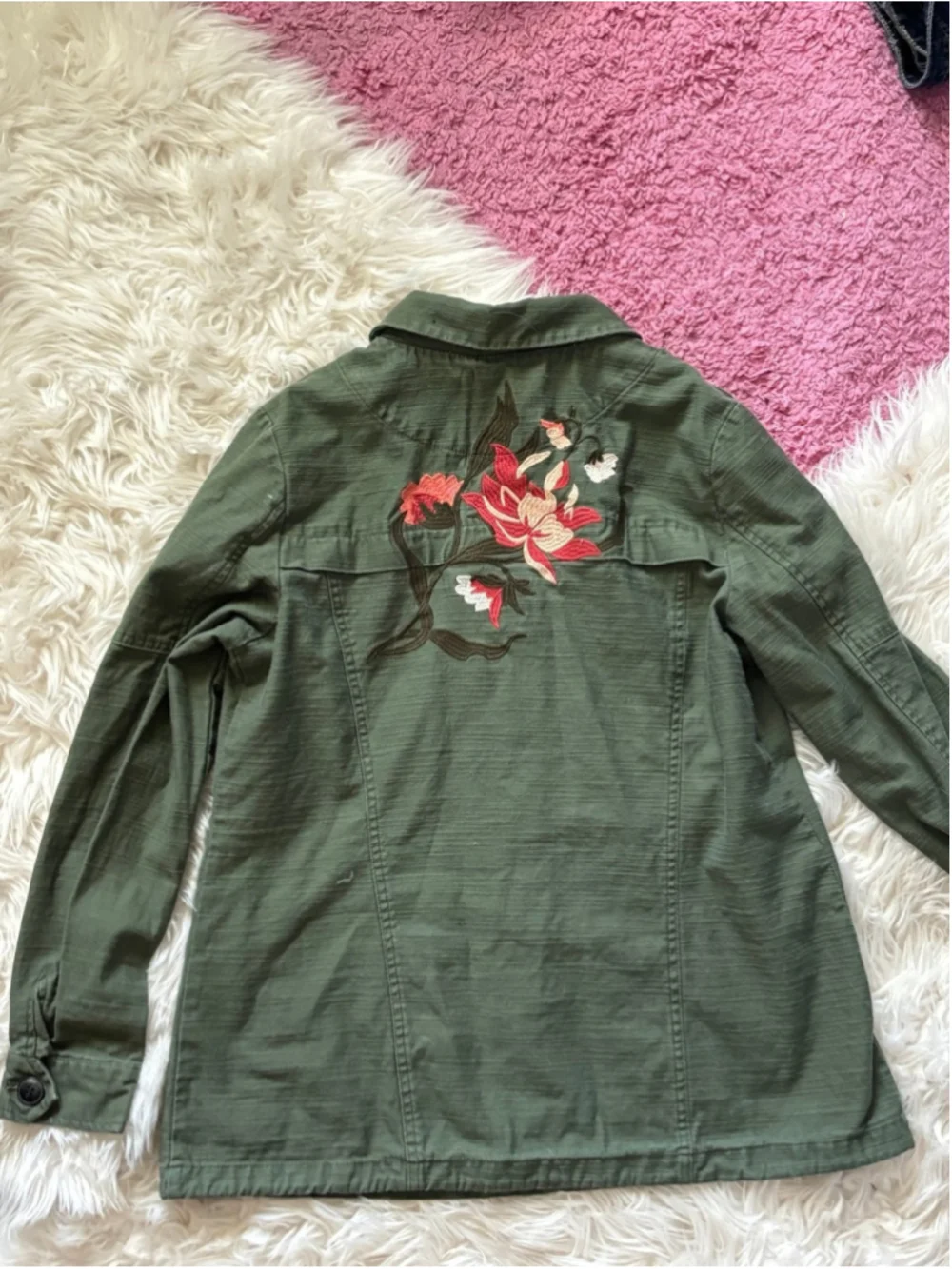 Christopher & Banks Army Green Embroidered Flowers Button Up Jacket Size small